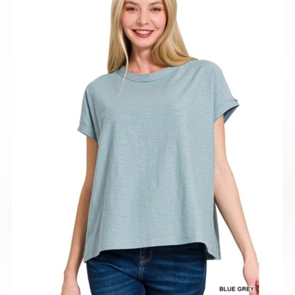 Zenana Outfitters Women's Blue Grey Short Sleeve Tee